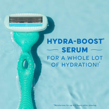 Teal razor with cartridge head and water droplets on shaving serum