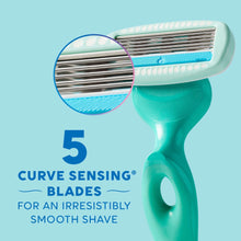 Teal razor handle with five curve-sensing blades, close-up view