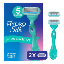 Teal razor handle with five-blade cartridge and two refill blade cartridges