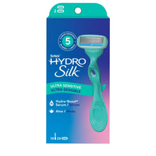 Hydro Silk ultra-sensitive razor kit in box with teal handle and refill cartridges