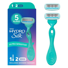 Hydro Silk razor package with 5 blades and turquoise handle