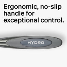 Ergonomic no-slip razor handle with HYDRO logo oval on grip