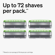 Razor cartridge pack with four blade cartridges and green trim