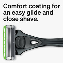 Razor blade cartridge with comfort coating on a black handle, close-up