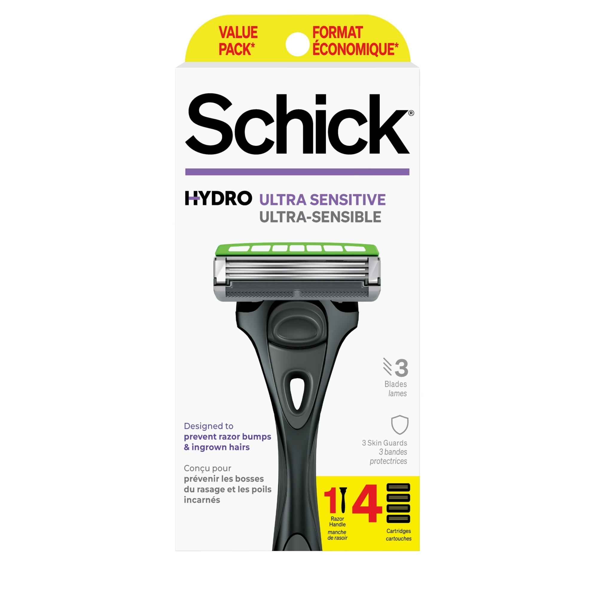 Schick Hydro Ultra Sensitive 3 Blade Razor for Men, 1 Razor Handle with 4 Razor Refills