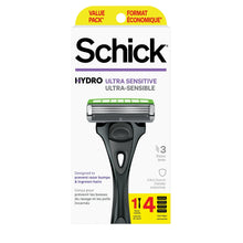 Men's razor handle with three blade cartridges in boxed value pack