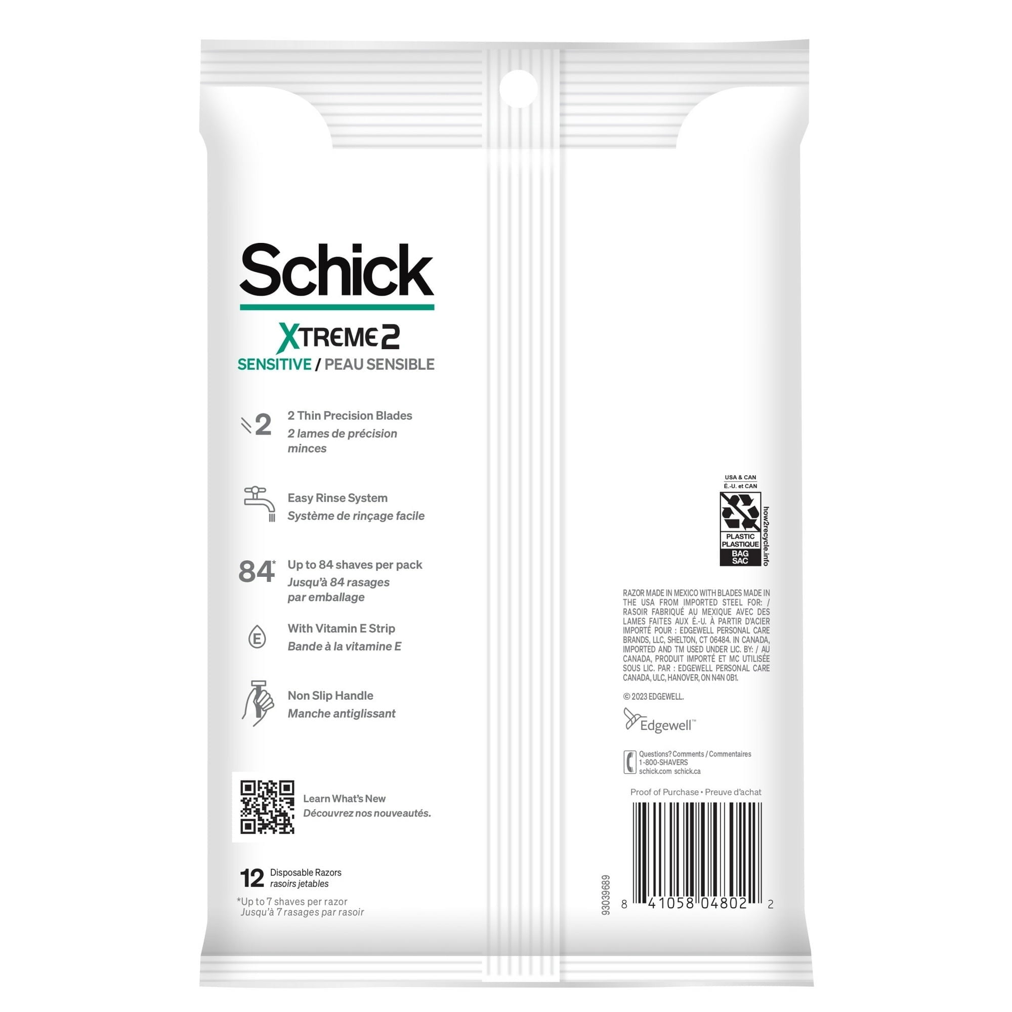 Schick Xtreme 2-Blade Sensitive Men's Disposable Razors, 12 Ct, With Vitamin E Strips, Non Slip Handle