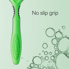 Green no-slip grip razor handle with water bubbles, blade end shown