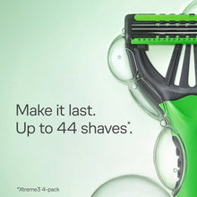 Green and black disposable razor head with shaving gel droplets