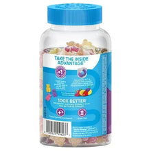 Probiotic gummy supplement bottle showing blue back label, barcode, and gummies