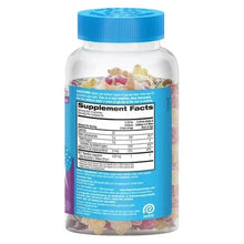 Probiotic gummy supplement bottle with blue Supplement Facts panel and gummies in jar