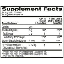 Supplement Facts label with vitamins, Bacillus coagulans strain, and serving amounts
