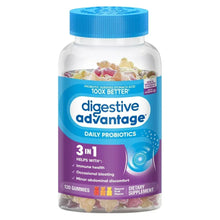 Probiotic gummy supplement bottle with blue cap and multicolor fruit gummies inside