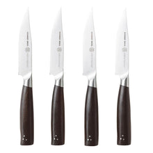 Four steak knives with stamped stainless blades and dark wood handles