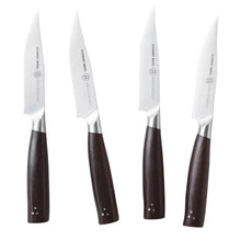 Set of four steak knives with stainless blades and dark wood handles