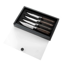 4-pack steak knife set with dark acacia wood handles, in a presentation box