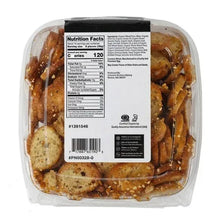 Organic bagel chips in clear tub with nutrition facts panel on label