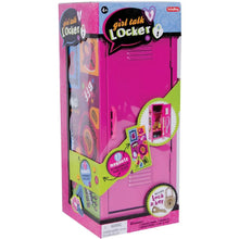 Pink plastic dollhouse locker with Girl Talk graphics and magnet pieces, front view