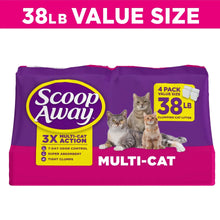 Scoop Away Multi-Cat clumping cat litter, purple 38 lb box with 3x action label