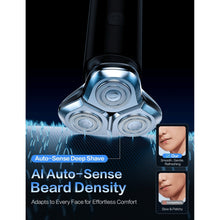 Electric shaver with three foil heads and auto-sense sensor on display