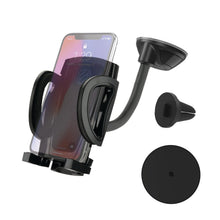 Black 4-in-1 phone mounting kit pieces: cradle, suction arm, and vent mount