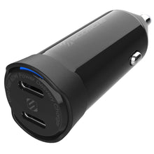 Dual-port USB-C car charger, black cylindrical plug with two USB-C outputs