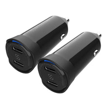 Dual-port USB-C car charger two-pack, black cylindrical plugs with two USB-C outputs