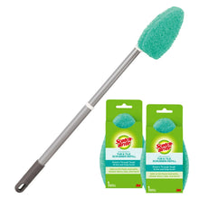 Extendable scrubber handle with green non-scratch pad and two refill packages