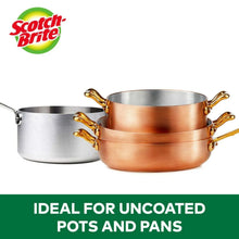 Stainless steel scrubber use on uncoated pots and pans, copper and steel.