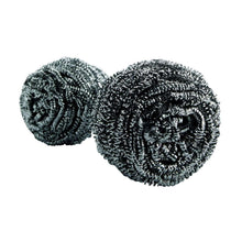 Round stainless steel scrubber pad, dark gray-silver, densely coiled.
