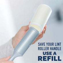Refill lint roller cartridge with translucent adhesive roll and blue-gray handle