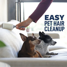 Lint roller removing pet hair from a couch cushion with white adhesive roll