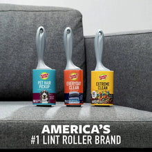 Lint roller pack with three colorful canisters on grey handles