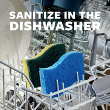 Blue and yellow scrub sponges in dishwasher rack