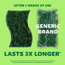 Two green scrub sponges comparing wear after use