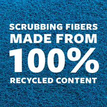 Blue scrubbing fibers graphic stating “100% recycled content”