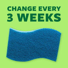 Blue scouring sponge with “CHANGE EVERY 3 WEEKS” text