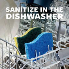 Blue and dark green scrub sponges in a dishwasher rack