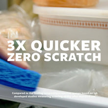 Blue scrub sponge close-up with “3X QUICKER ZERO SCRATCH” callout text
