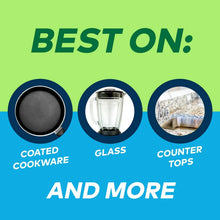 Green graphic showing best-on icons for coated cookware, glass, and counter tops