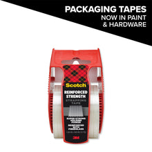 Scotch reinforced strength shipping strapping tape on red dispenser, clear tape roll