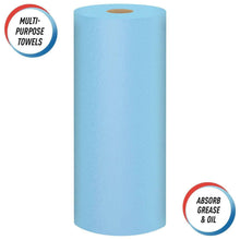 Blue multi-purpose paper towel roll on a core