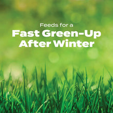 Green lawn grass with message about fast green-up after winter