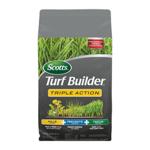 Scotts Turf Builder Triple Action fertilizer bag with Scotts logo and Triple Action label
