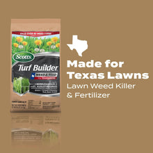 Scotts Turf Builder weed & feed bag labeled for Texas lawns, brown package