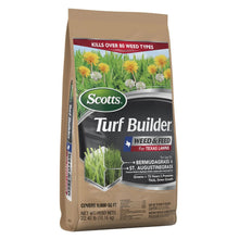 Lawn weed and feed fertilizer bag, front view with Scotts Turf Builder label and grass graphics