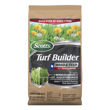 Lawn weed and feed fertilizer bag with Scotts Turf Builder branding, brown package