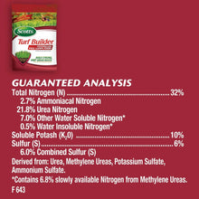Guaranteed analysis panel listing nitrogen and sulfur percentages on fertilizer bag