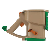 Hand-powered spreader with orange trigger piece and green base