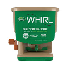 Hand-powered Whirl spreader with green hopper and orange handle lever